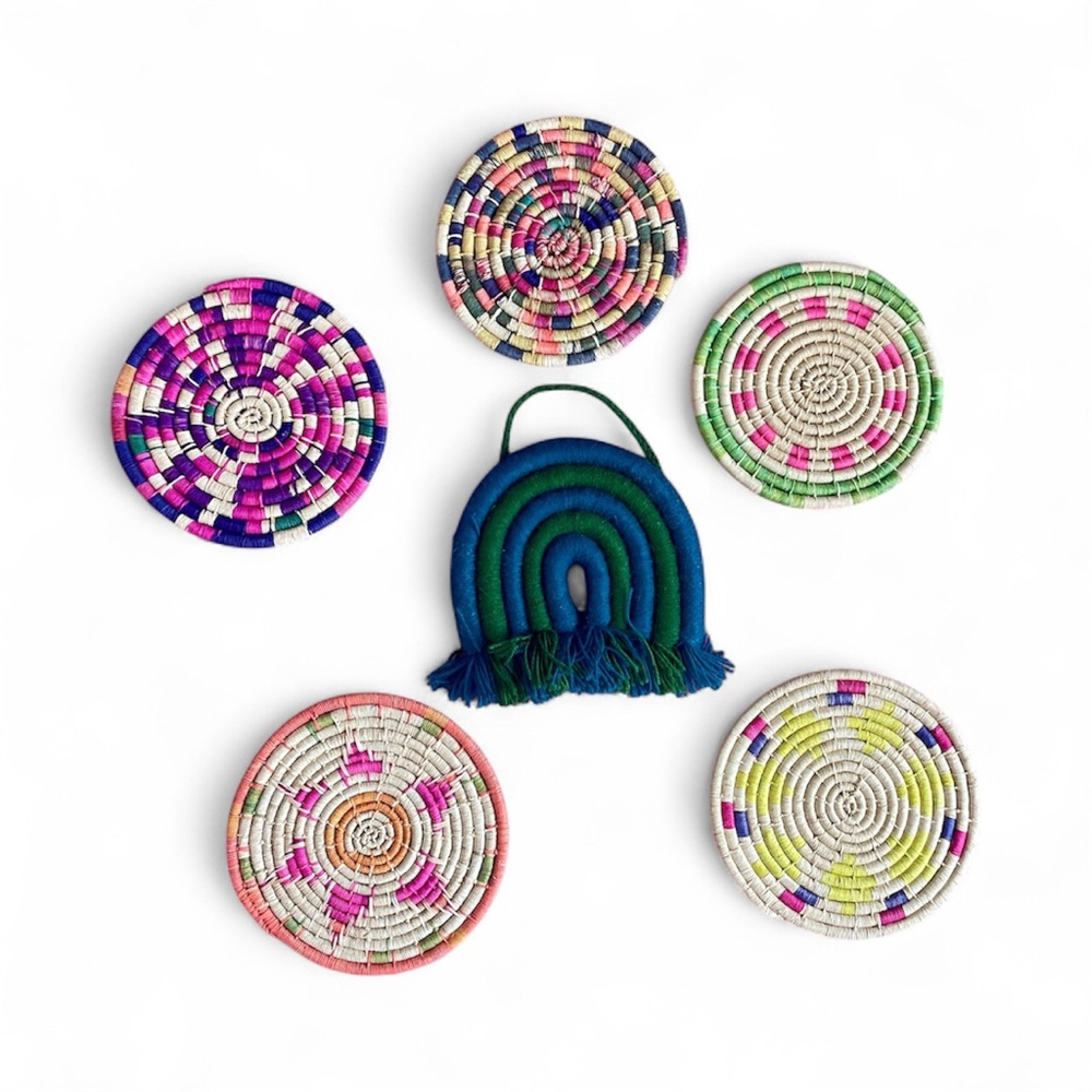 Handmade Woven Hot Plates Wall Art Colorful Set Of 5 + 1 Woven Arc = 6